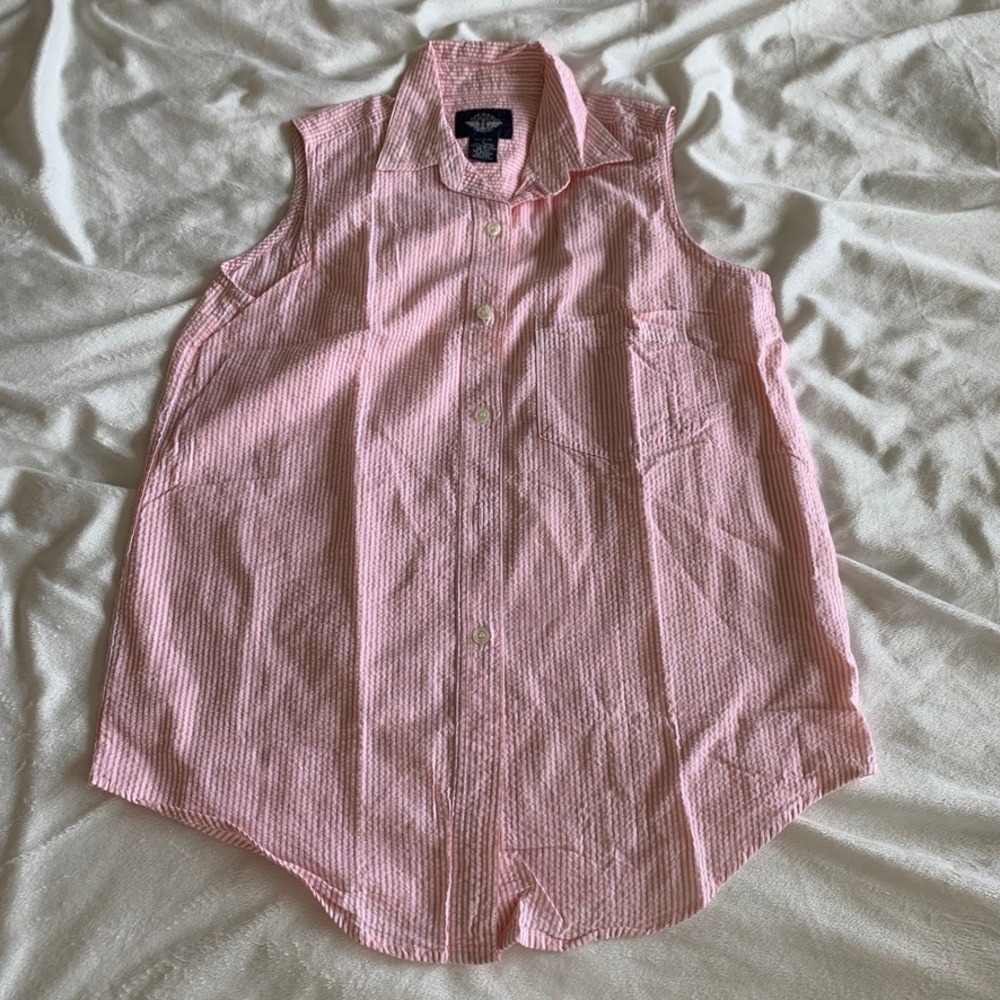 Dockers Womens Pink White Striped Seersucker Sleeveless Button Down Shirt Small